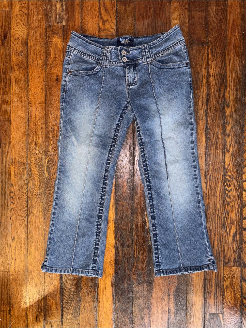 Vintage Y2K Angels Medium Wash Cropped Flared Low Rise Jeans Capris Juniors 7